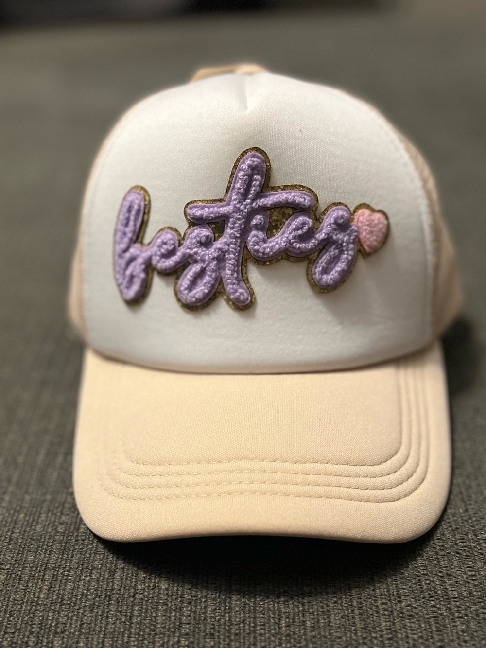 ‘Bestie' Tan and White Trucker Hat New